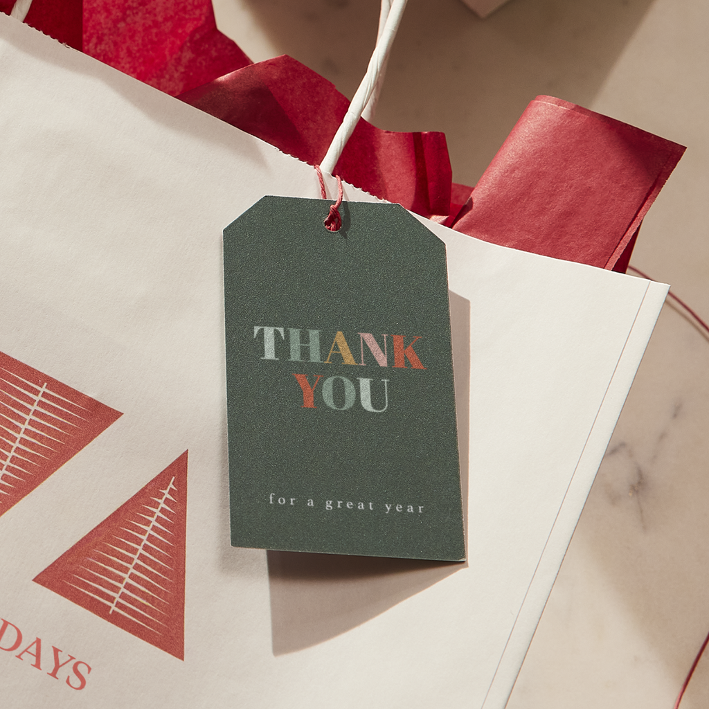 Holiday packaging with a thank-you tag
