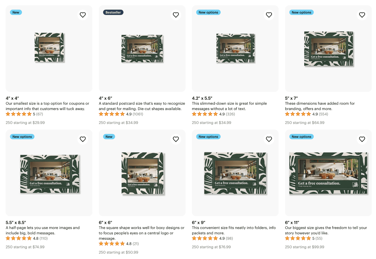 Different postcard sizes offered by VistaPrint