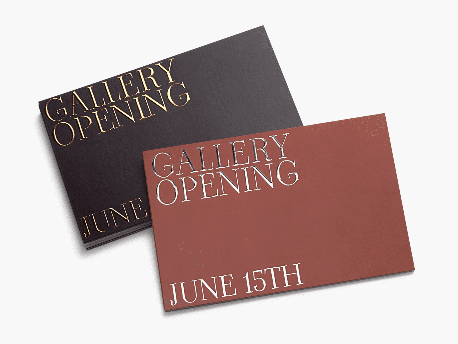 Matte postcards for a gallery opening with gold and silver foil accents