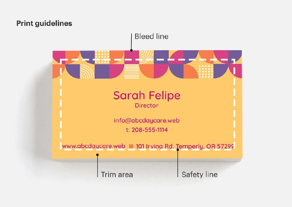 An infographic showing the guidelines&mdash;bleed line, trim area and safety line&mdash;for business card printing