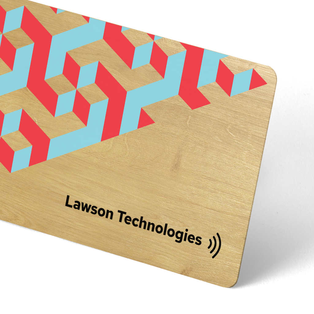 Lawson Technologies business card printed on wood, emphasizing how sustainable materials can communicate eco-friendly values and stand out with natural texture.