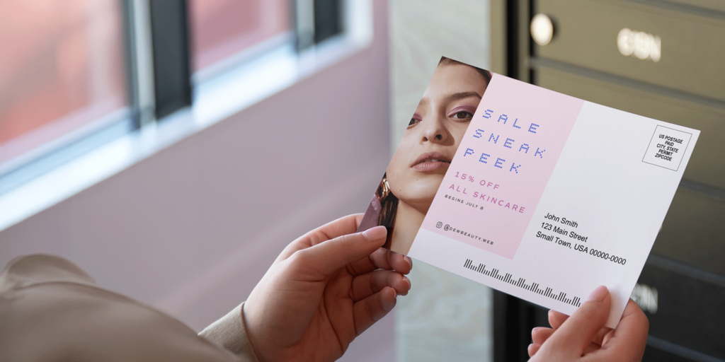 A promotional postcard with an asymmetrical graphic design layout