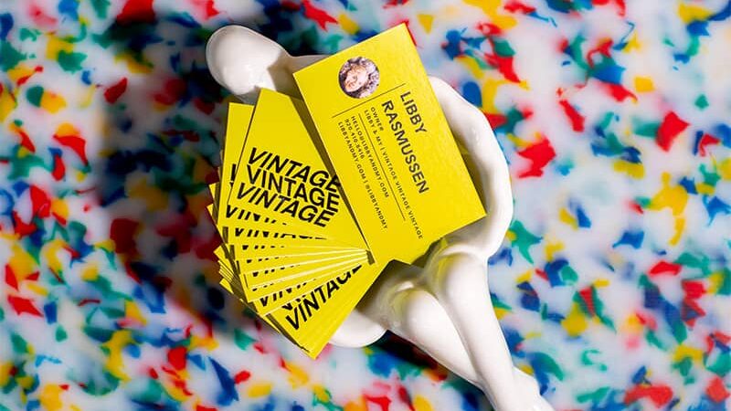 Printed yellow vintage shop business cards, print product DPI guidance