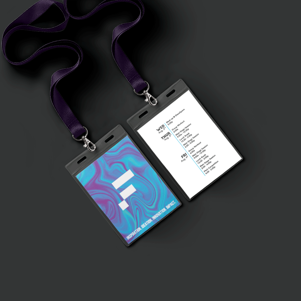A close-up photo of event lanyards and name tags neatly arranged on a table, showing how small branded touches can make an event feel organized and memorable.