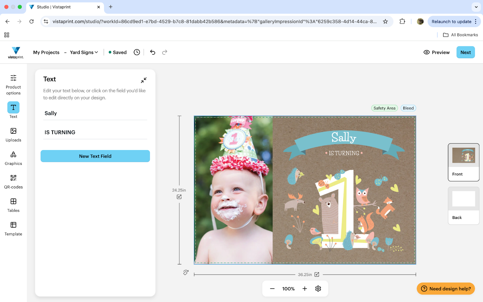 VistaPrint yard sign design edit page