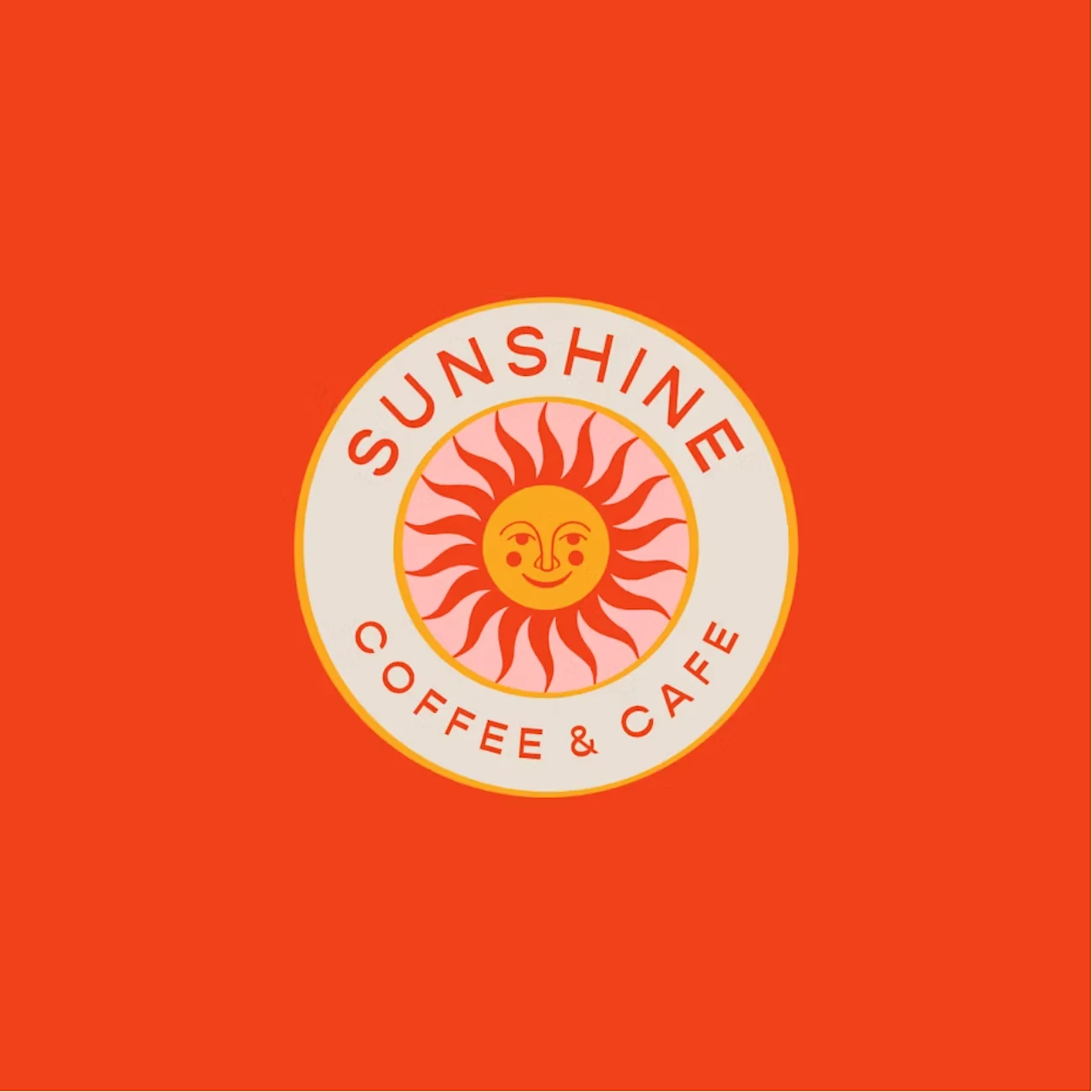 Red branding for a coffee and café brand featuring a white circle saying “Sunshine Coffee & Cafe” with a yellow smiling sun