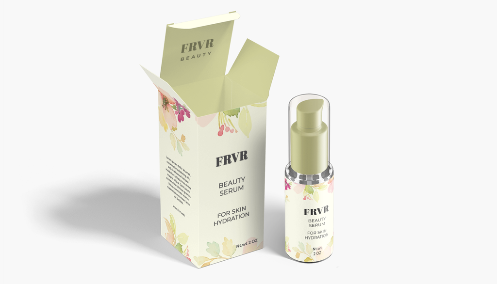 Branded beauty serum packaging featuring floral illustrations and clean sans serif typography