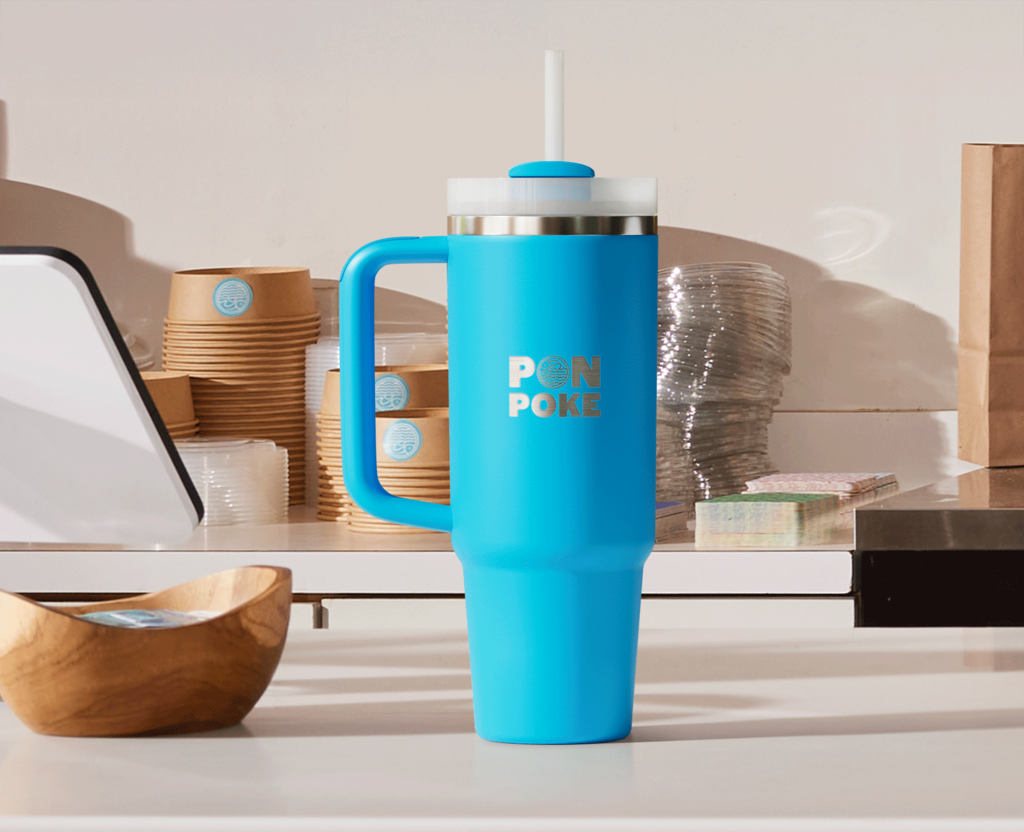 Custom blue branded stanley cup for a poke business