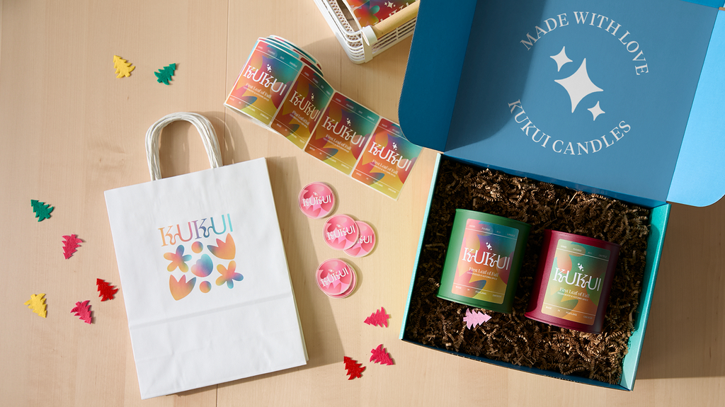 Selection of colorfully branded packaging options with filling, stickers and fully custom design