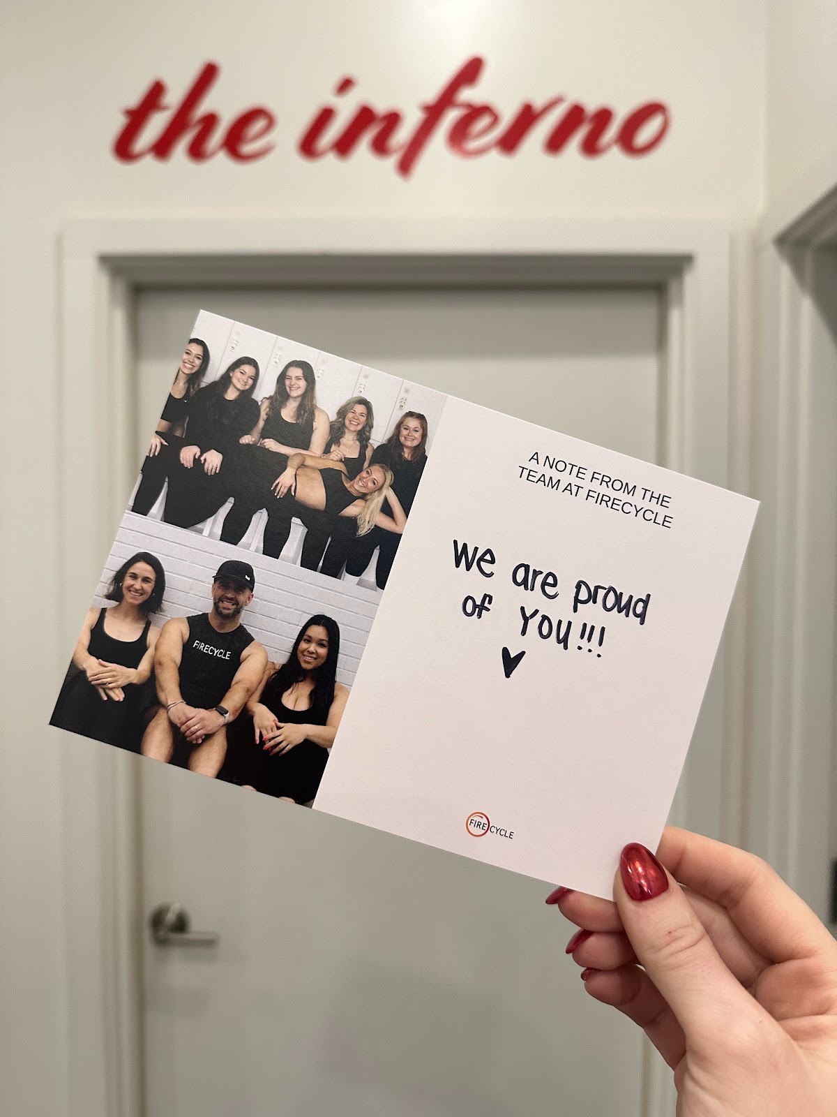A postcard with the message “A note from the team at Firecycle: we are proud of you” and photos of the team
