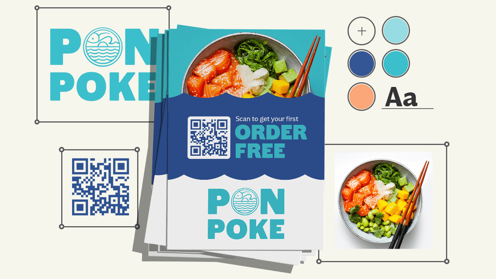Brand color palette for a poke restaurant, visual identity elements