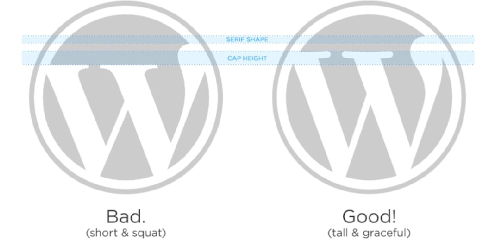 W logo in a circle with a bad W example that is squished alongside a proper W example that is tall