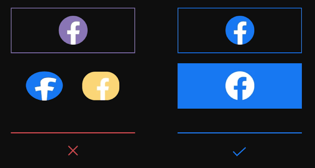 Bad Facebook logo examples that are stretched or the improper color or shape alongside proper Facebook logos