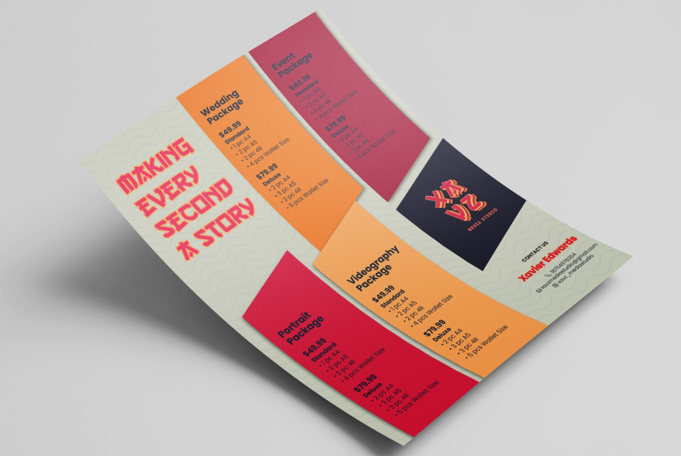 Bold and colorful flyer design for a photography studio