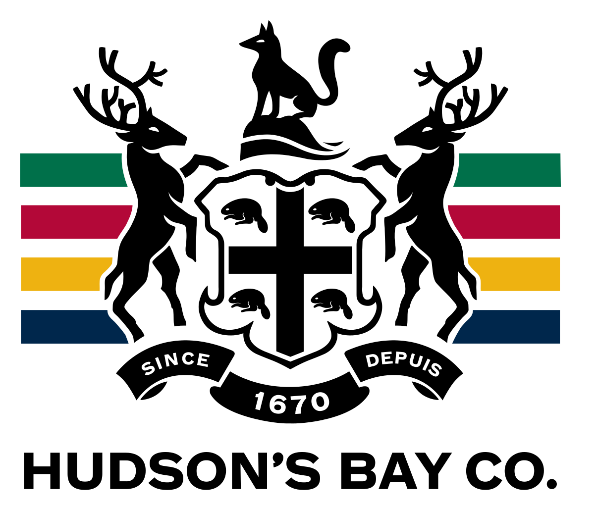 Hudson’s Bay logo design with the brand’s signature green, red, yellow and navy stripes