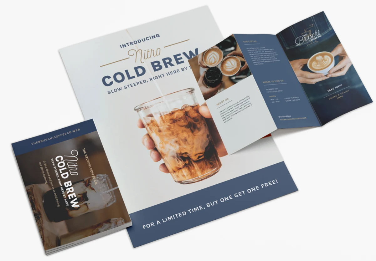 A range of print marketing materials including a brochure sizes