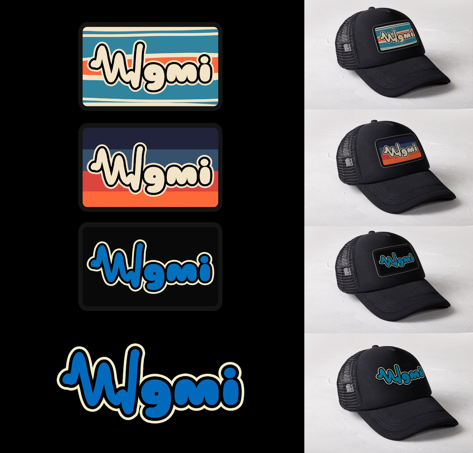 Variety of logo and graphic options for retro-feel brand on black hat with mesh sides