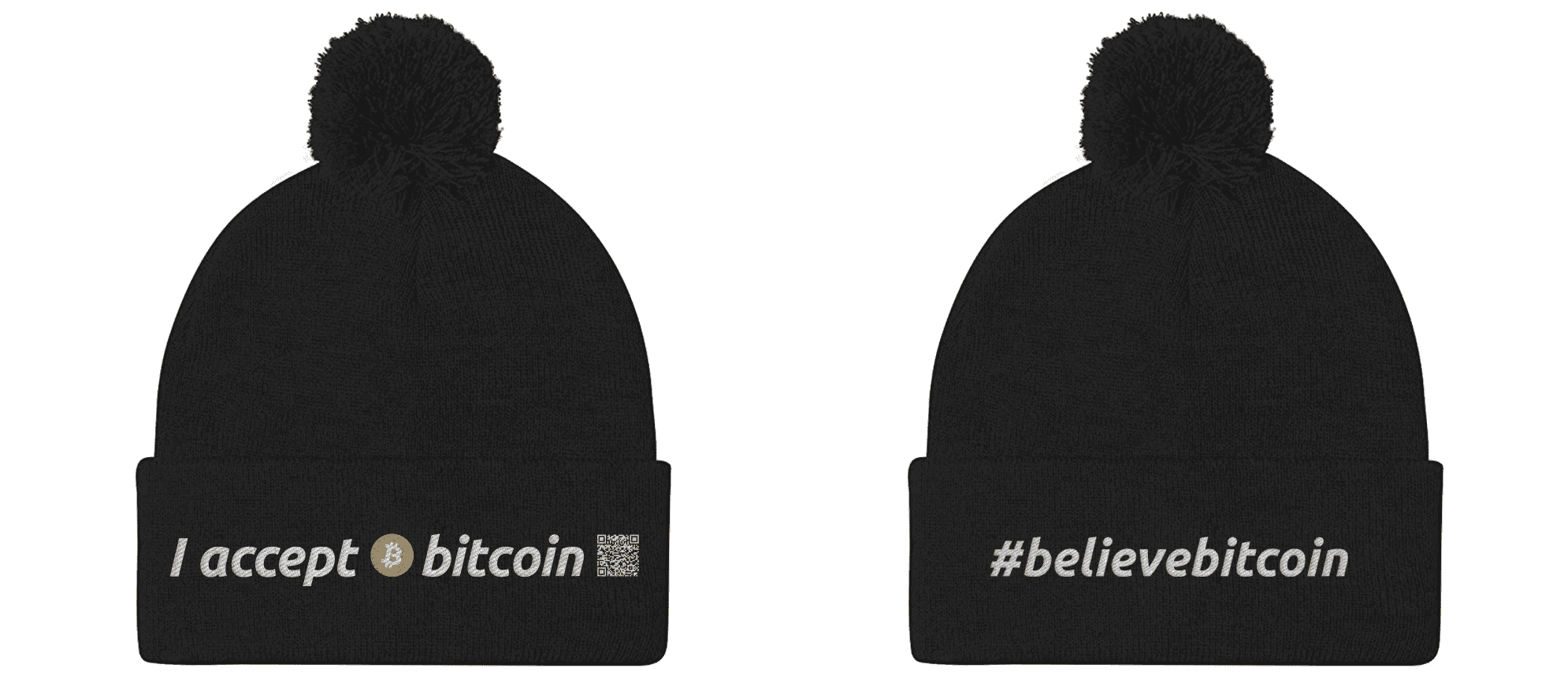 Example of black beanie with poof on top and embroidered hem saying: “I accept bitcoin” and “#believebitcoin”