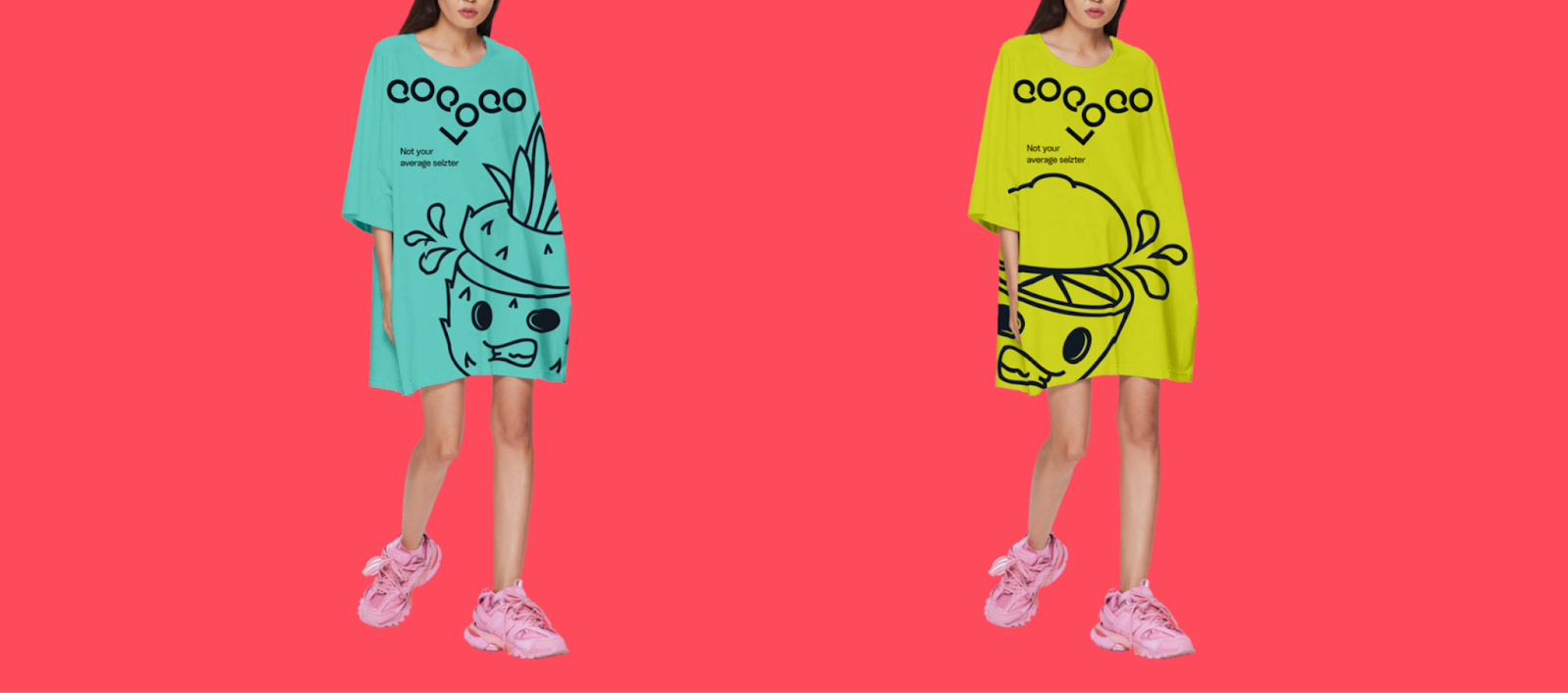 Two oversized T-shirt dress designs with playful fruit illustrations and wordmark brand logo, against bright contrasting backgrounds
