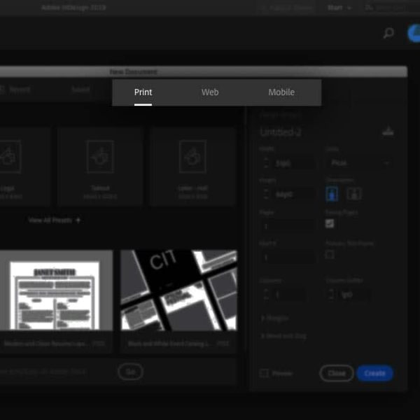 Adobe InDesign new document window with the print preset selected for creating print-ready layouts and documents.