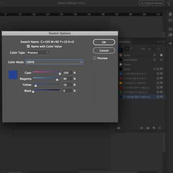 Adobe Illustrator swatch settings panel showing CMYK color values for creating print-ready color swatches.