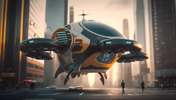 AI art of a futuristic flying vehicle hovering above a city street surrounded by skyscrapers, representing future urban transport technology.