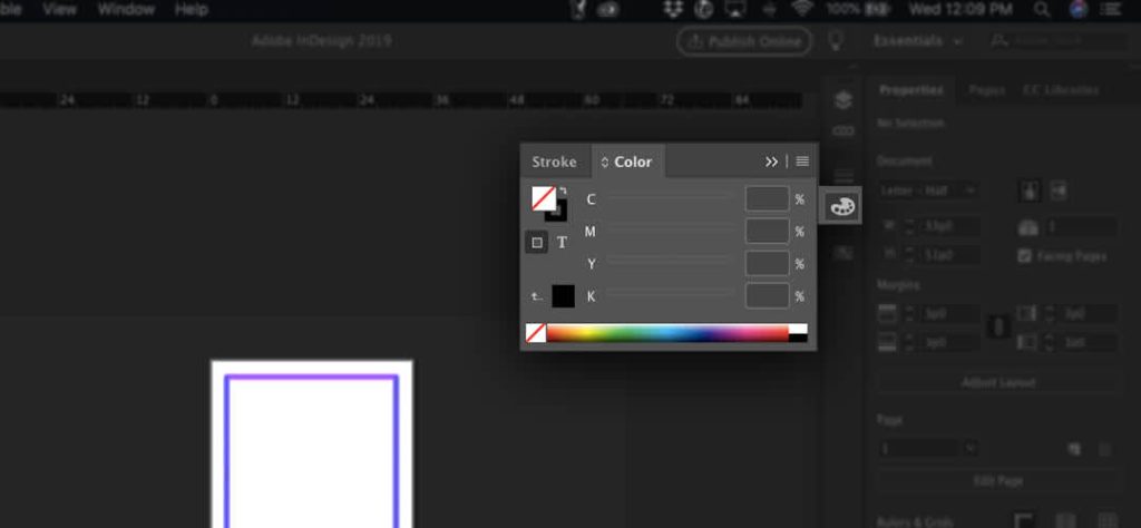 Adobe InDesign color panel showing CMYK sliders and color settings for print design and layout work.