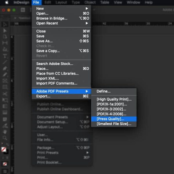 Adobe InDesign export menu showing PDF preset options including press quality settings for professional print output.