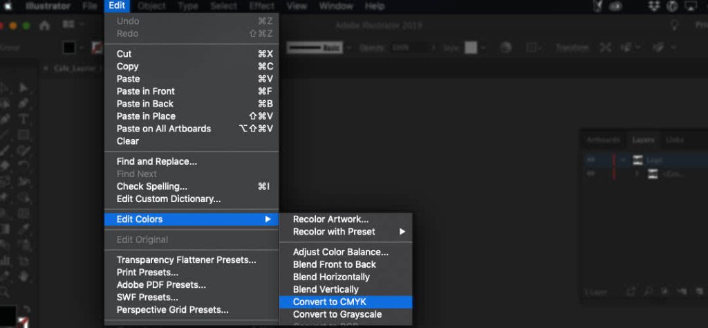 Adobe Illustrator edit menu showing color editing options with convert to CMYK selected for print-ready artwork.