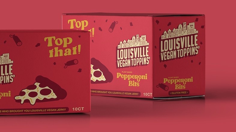 Retail-ready packaging design for vegan pepperoni bites featuring bright red branded product boxes with food illustrations.