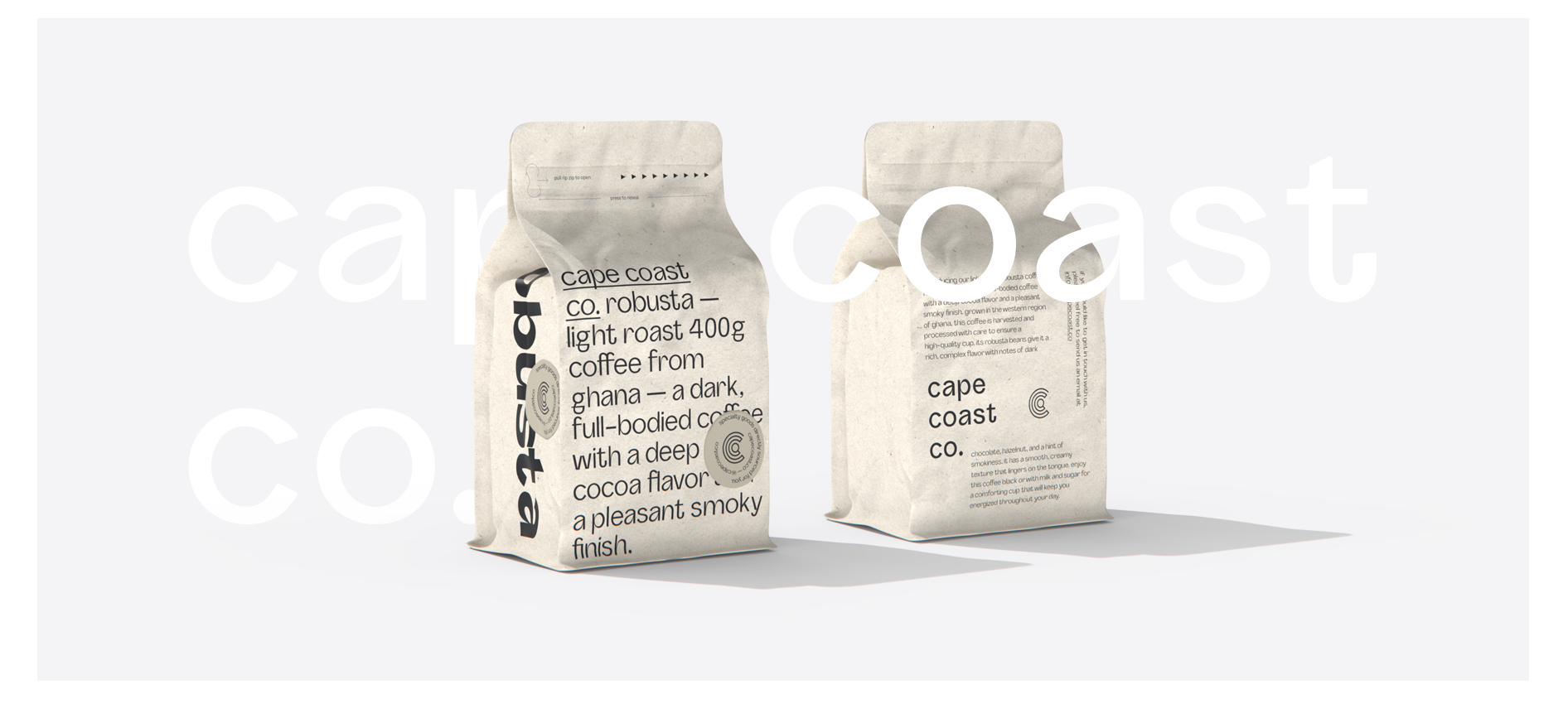 Minimalist coffee packaging design for Cape Coast Co. coffee beans, featuring large sans serif typography, a neutral color palette and bold text-driven branding on front and back paper coffee bags.
