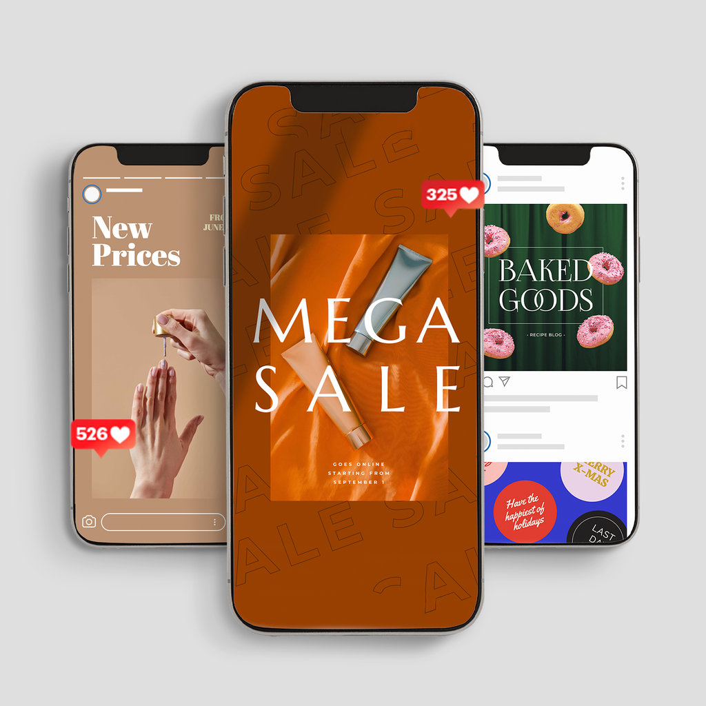 three phone screens showing poster designs for independent brands