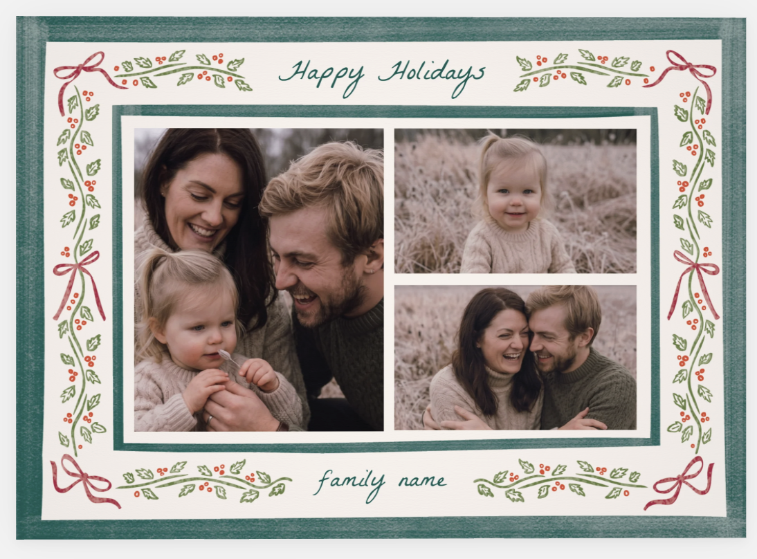 A festive holiday card with three family photos in a frame