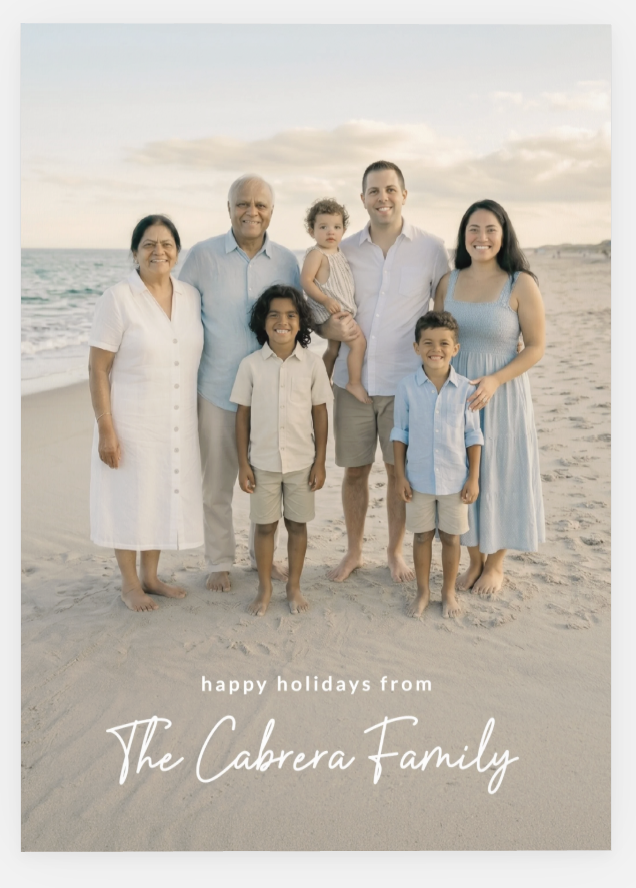 A holiday card featuring a high-resolution photo of a family on a beach