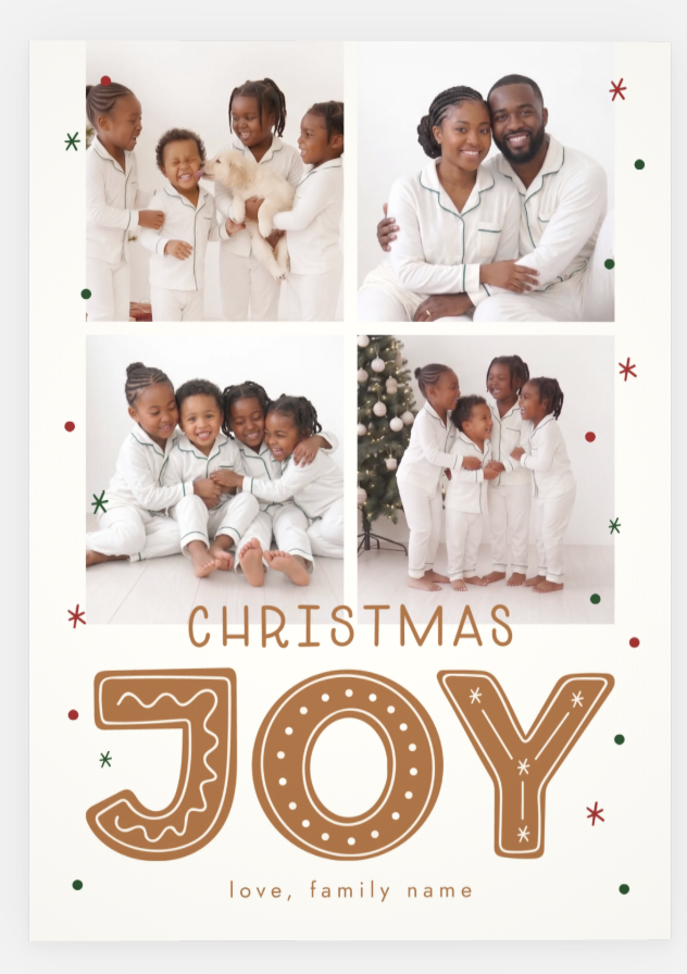 A holiday card with a grid of family photos