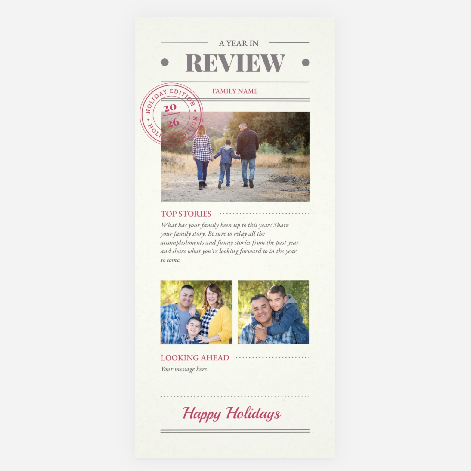 A year in review style New Year card with family updates.