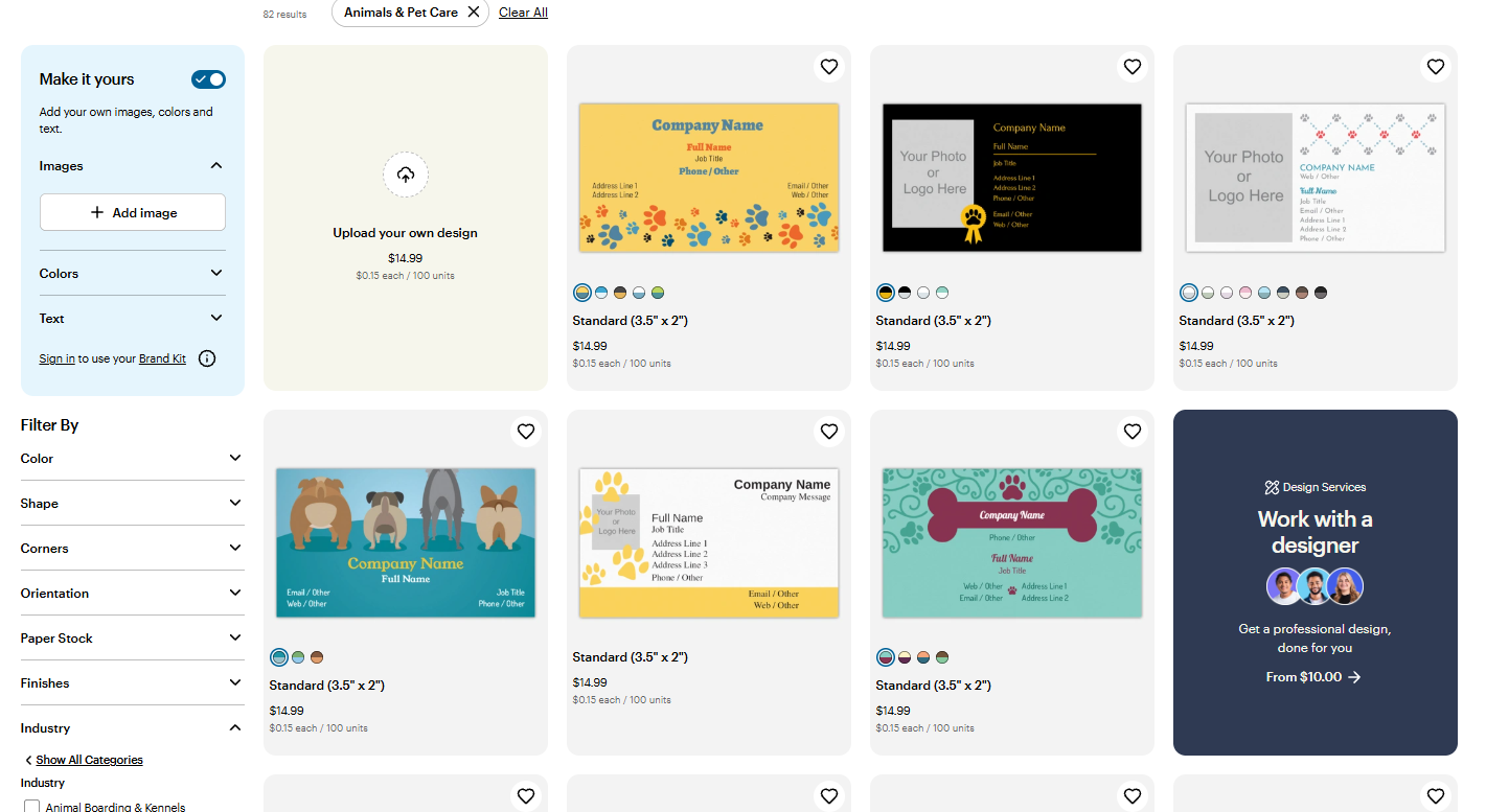 VistaPrint business card templates filtered by Animals & Pet Care, with options to choose a pet-themed template or upload your own design.