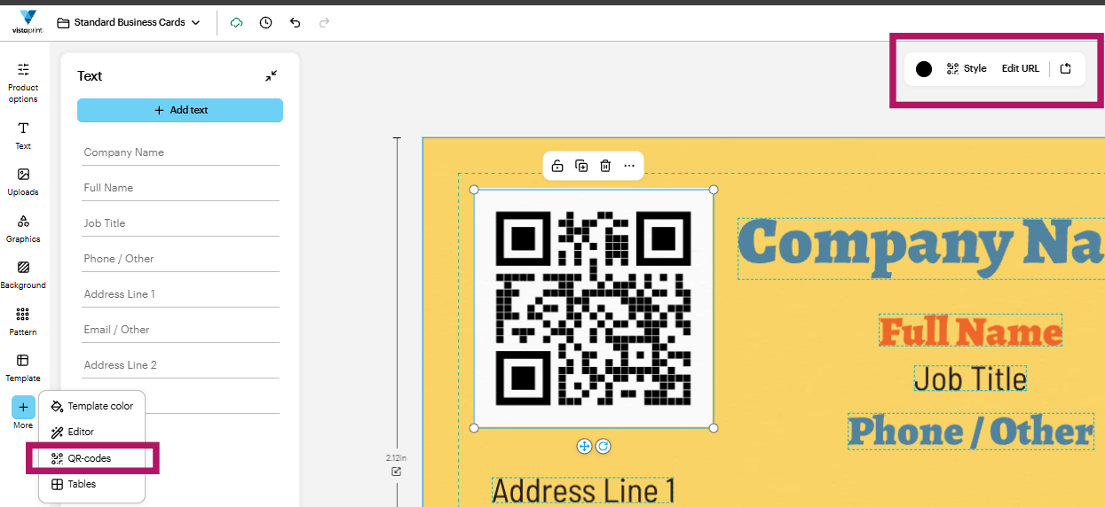 VistaPrint business card editor showing the QR code tool and a QR code added to the card design.