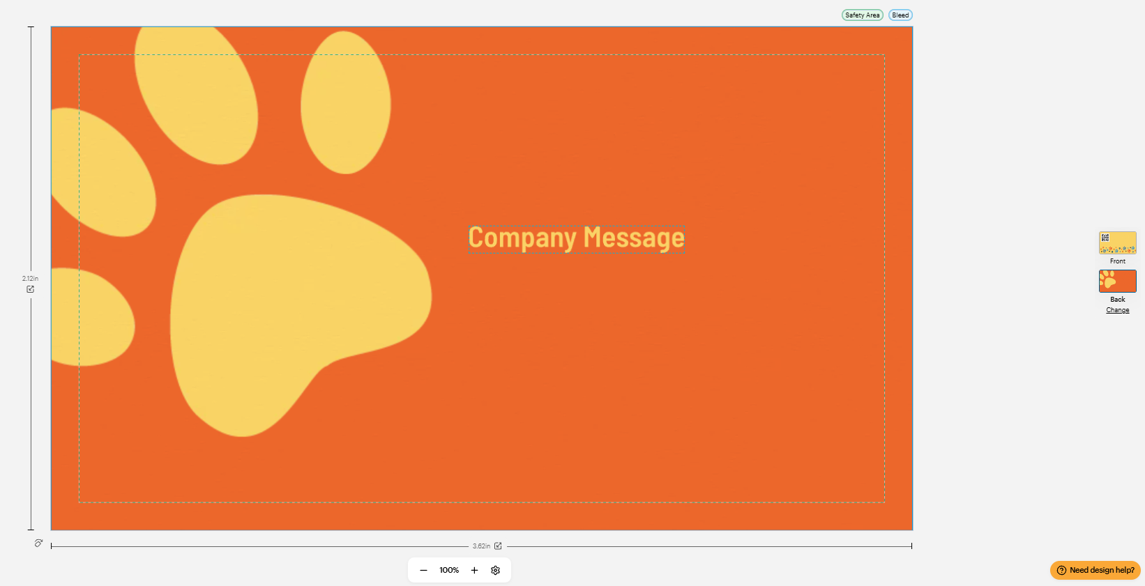 VistaPrint business card canvas with safety area and bleed guides visible around an orange card design.