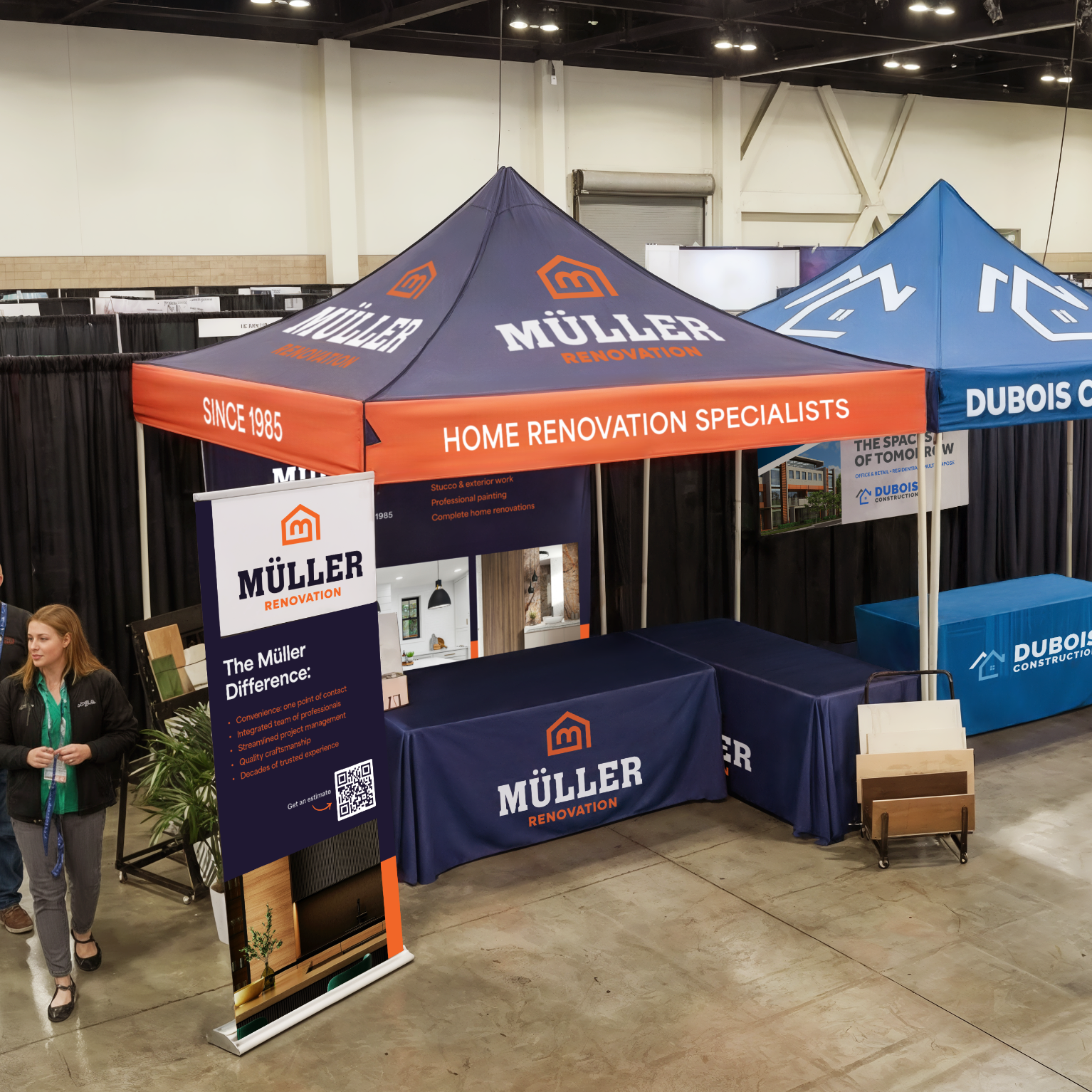 Branded Müller Renovation trade show booth with canopy tent, banners and table displays.