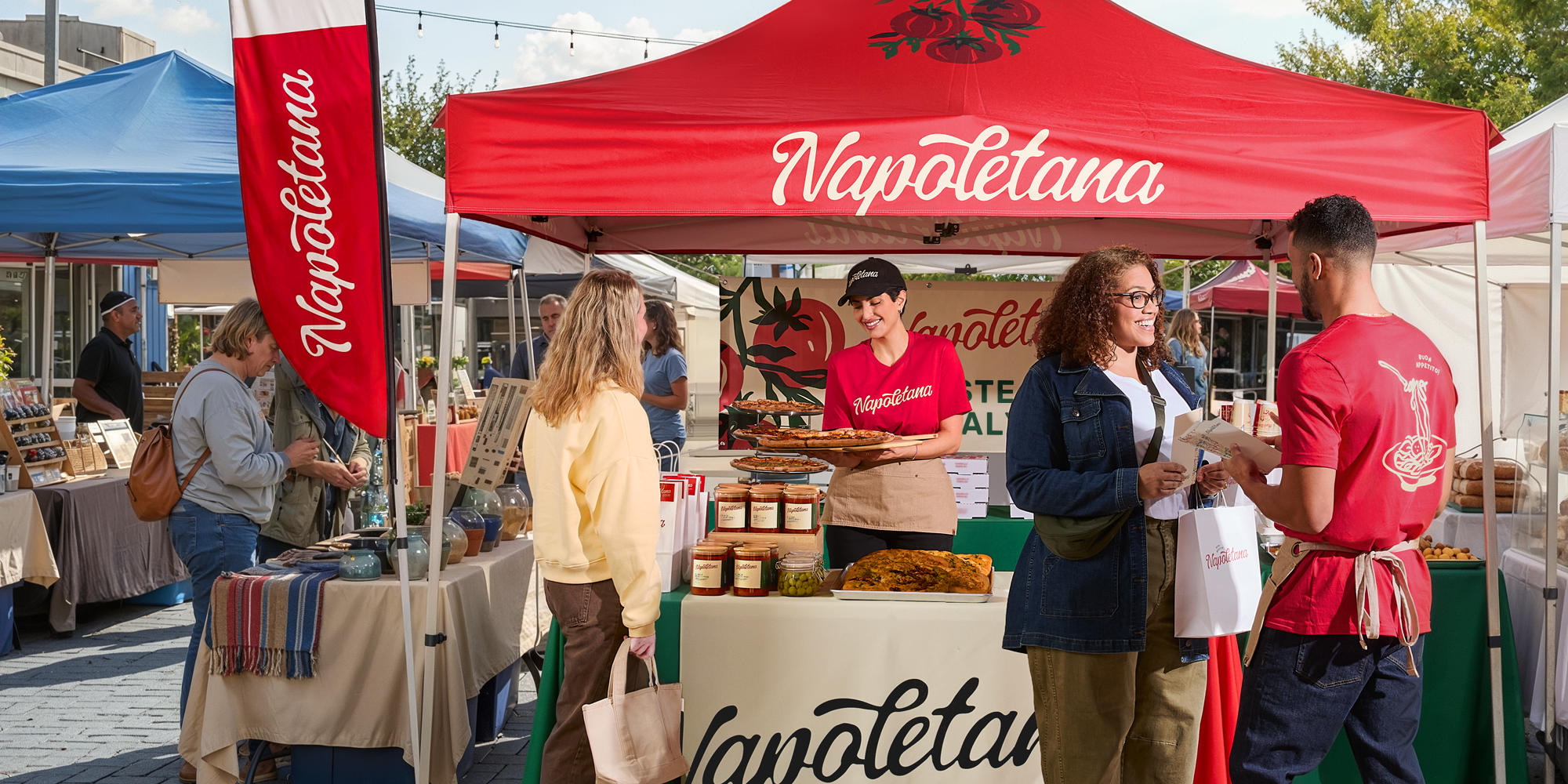 Staff in red branded shirts serving customers at a Napoletana food stall in an outdoor market.