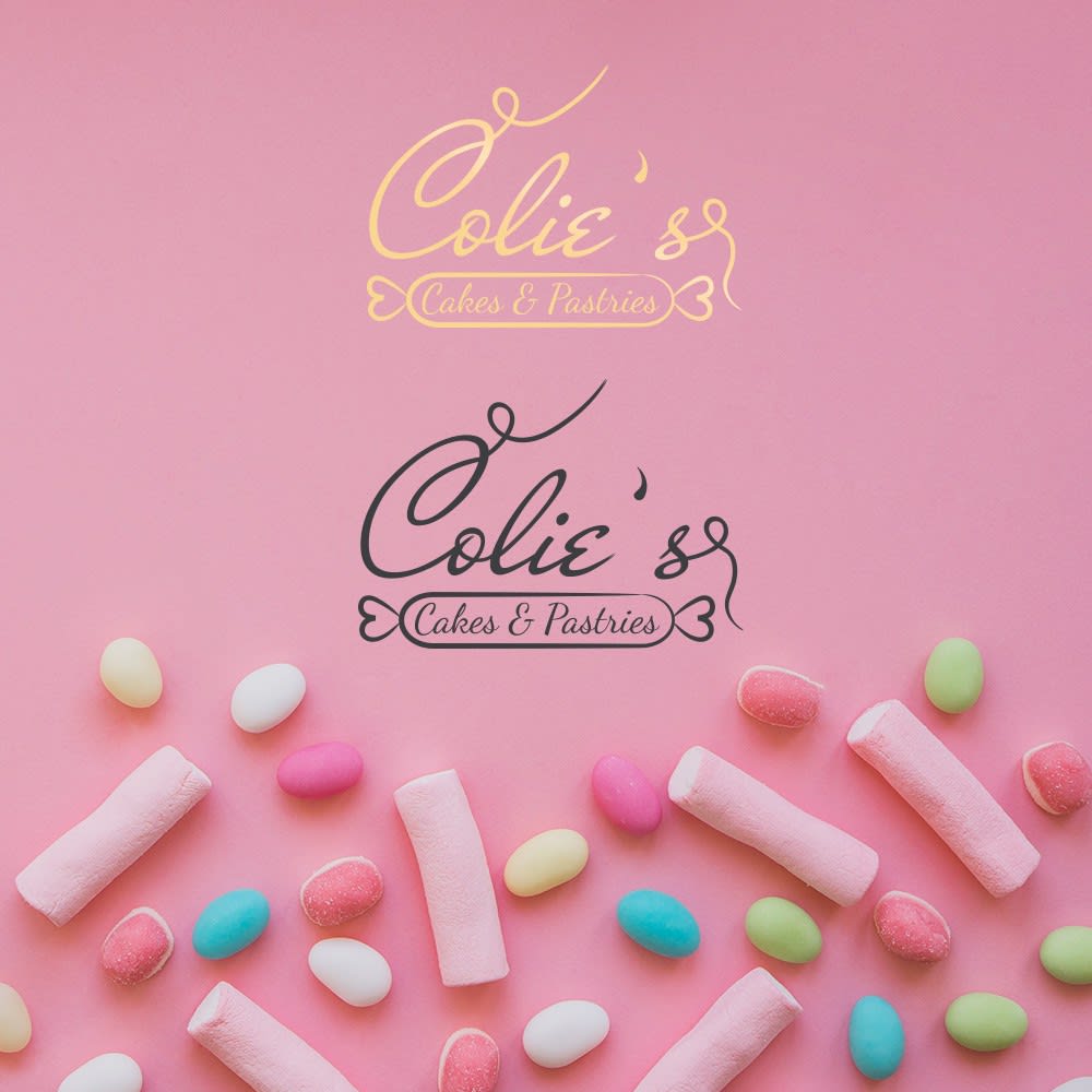 candy shop logo and sprinkles against a pink background