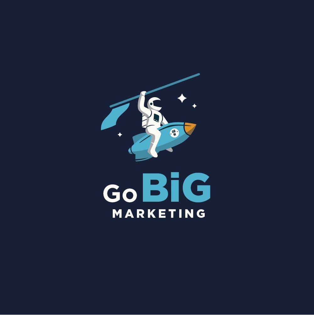 Logo with astronaut riding rocket.