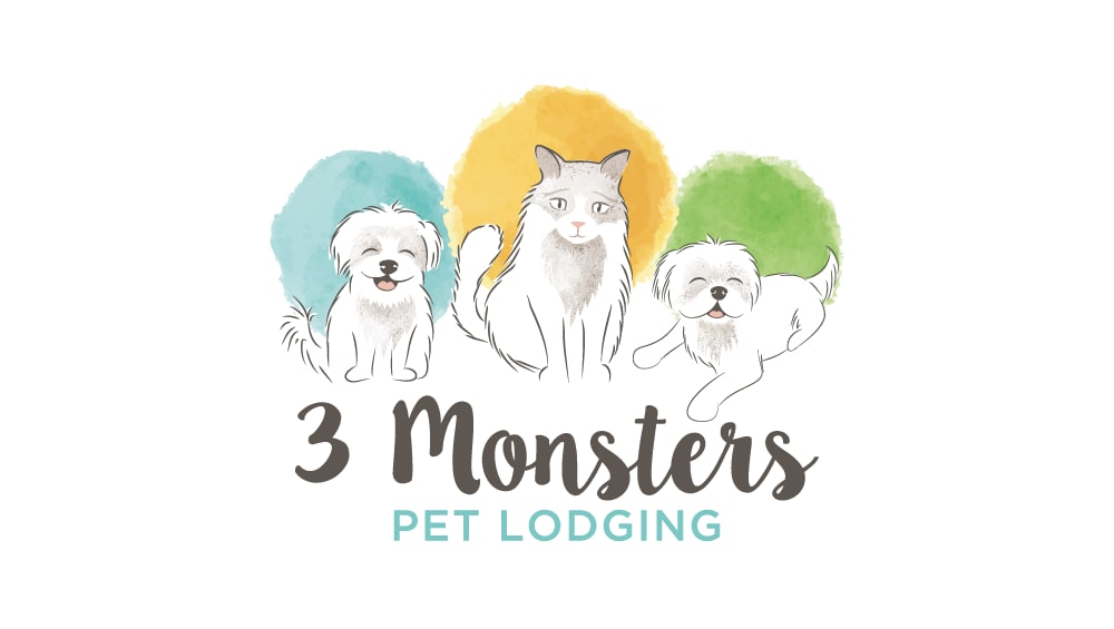 Design de logo aquarelle de deux chiens et un chat assis les uns &agrave; c&ocirc;t&eacute; des autres, accentu&eacute;s par un cercle d'aquarelle