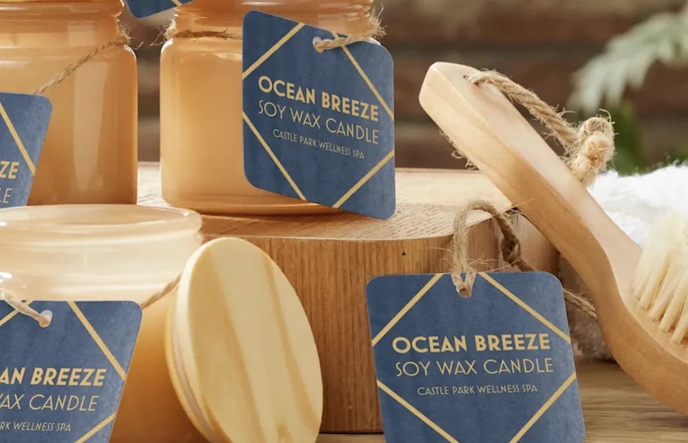 A kraft paper hang tag labeled 'Ocean Breeze' attached to a candle with twine.