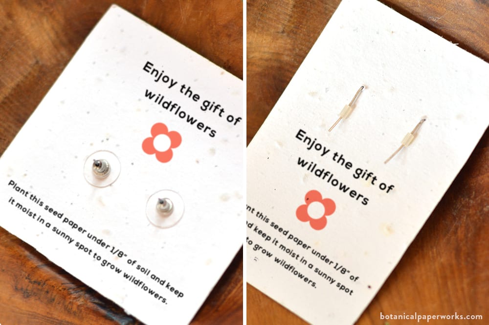 backsides of two seed paper earring holders