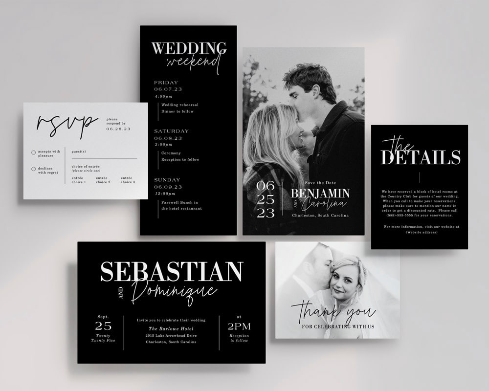 Monochrome vintage wedding invitations inspired by the 2000s.