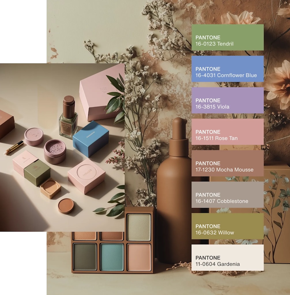 Make up still life with flowers showing the Floral Pathways’ pastel color scheme from Pantone