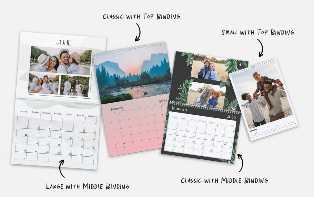 Examples of wall photo calendars in the four most popular styles