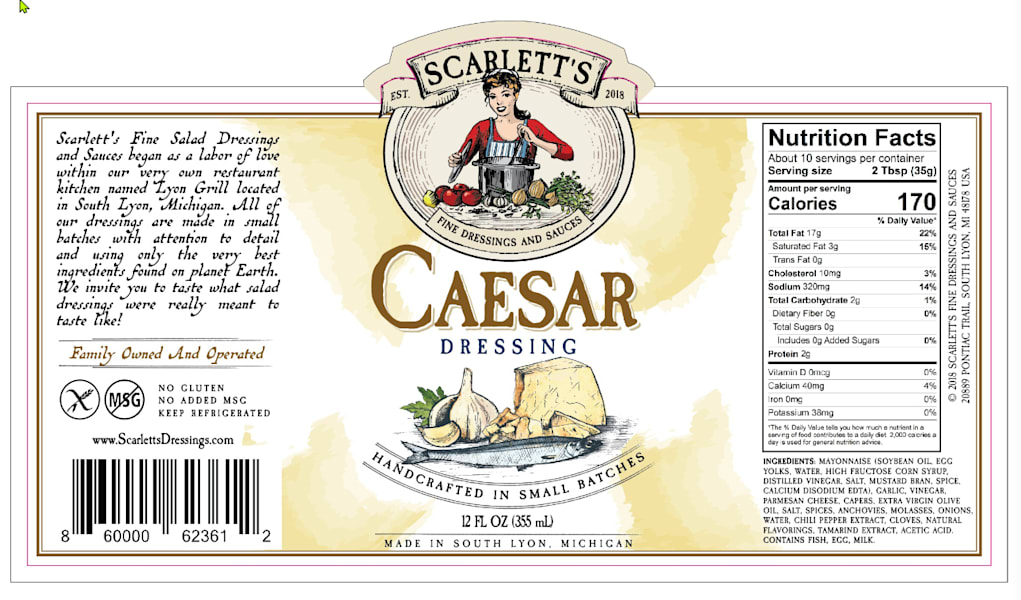 Vintage Caesar dressing label featuring a nutrition facts panel, ingredient list, barcode and handcrafted branding wrapped around a salad dressing bottle design.